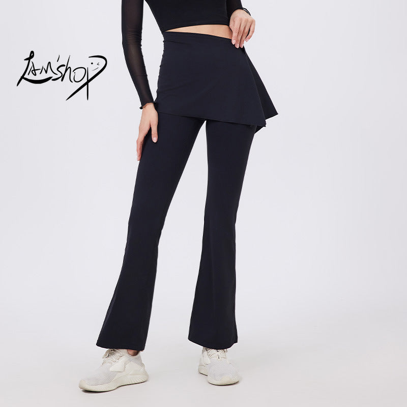 Lamshop two-piece set, high waist, pleated hips, nude yoga pants, fart curtains, running pants, breathable fitness flared pants