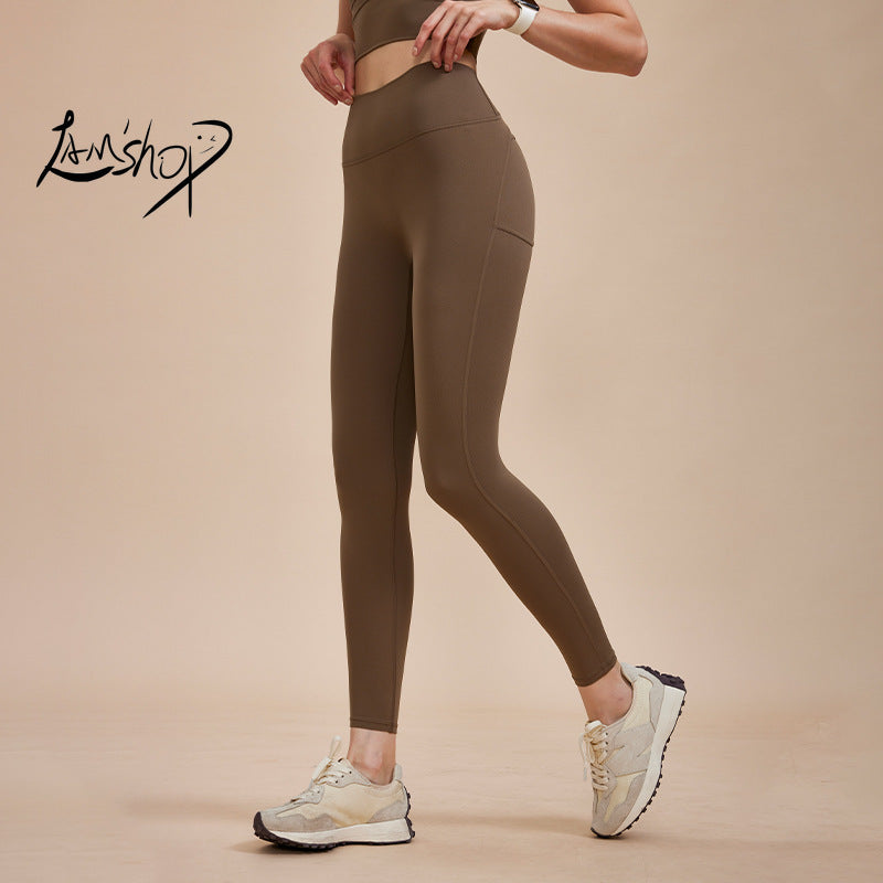 Lamshop New High Waist Belly Contracting Yoga Pants Tight High Elastic Hip Lifting Peach Pants Quick-Drying Sports Running Fitness Internet Celebrity Pants Women