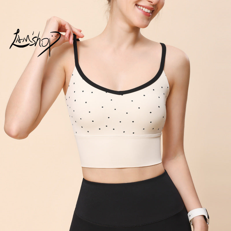 Lamshop New Polka Dot Sports Bra Moisture Wicking Breast Holding Sports Bra Simple Spaghetti Strap Belly Contracting Yoga Jacket