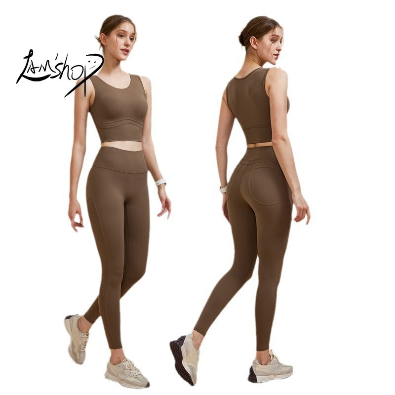 Lamshop New High-Strength Sports Bra Wide Shoulder Strap Yoga Vest High Waist Shaping Peach Pants Yoga Clothes Suit