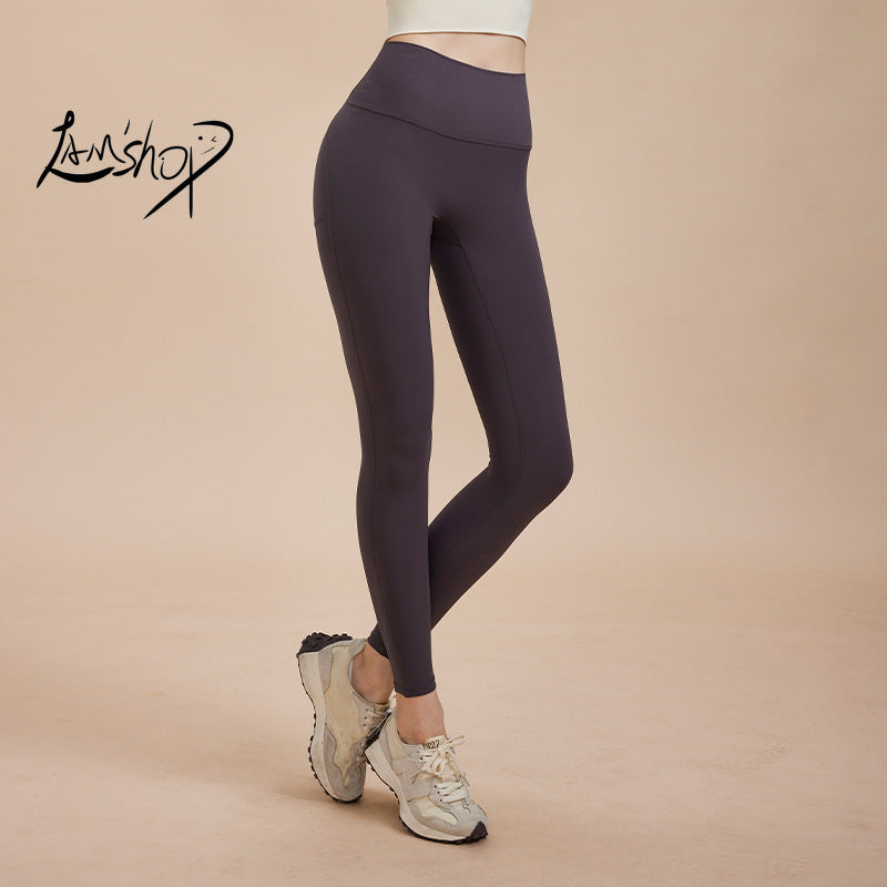 Lamshop New High Waist Belly Contracting Yoga Pants Tight High Elastic Hip Lifting Peach Pants Quick-Drying Sports Running Fitness Internet Celebrity Pants Women