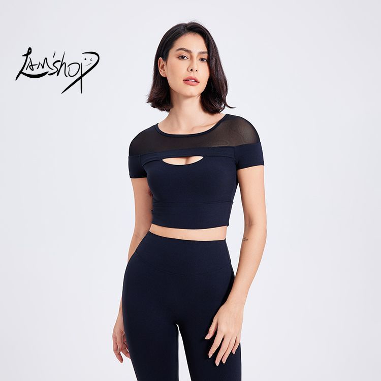 Lamshop Drop Shoulder Spun Yarn Fixed Coaster Fitness Short Sleeve Bra Casual Running Pilates Yoga Clothes Sports T-shirt Top