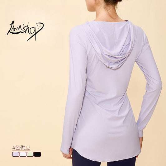 Lamshop's new sunscreen hooded long-sleeved waist and thin hip-covering fitness sports outdoor breathable running top
