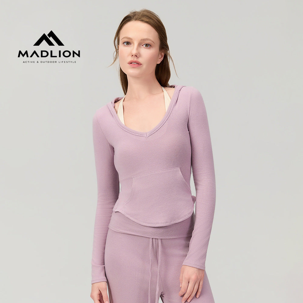 Mad lion thermal cashmere v-neck pocket outerwear fitness top running yoga long sleeve slim fit quick-dry sports t-shirt women's hoodie