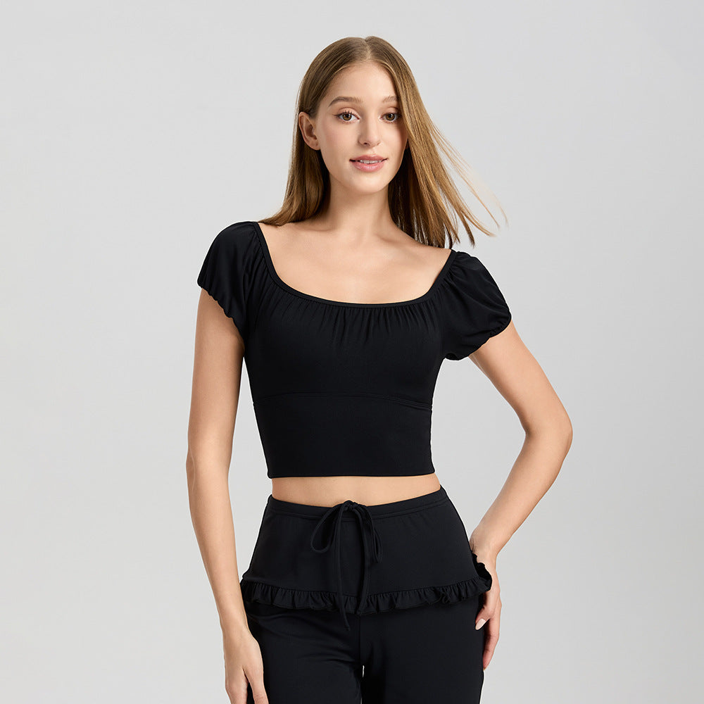 Mad lion bud sleeve off-shoulder yoga top with built-in bra - short sleeve, quick-dry activewear for running and fitness