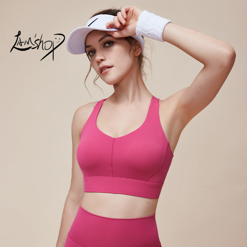 Lamshop High Strength plus Size Fixed Cup Yoga Workout Vest Back Shaping Shockproof Bra Tight One-Piece Sports Underwear for Women