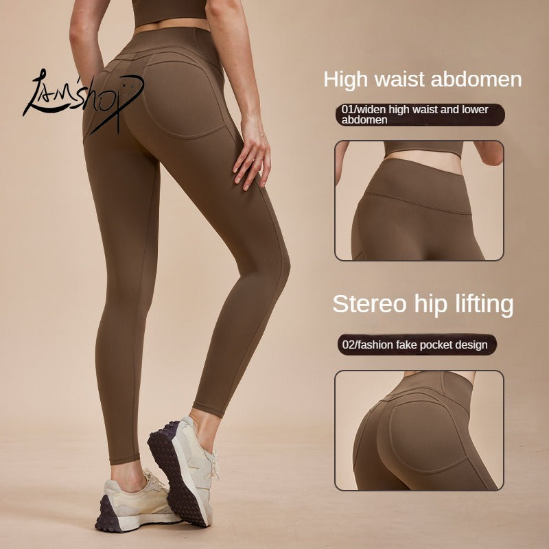 Lamshop New High Waist Belly Contracting Yoga Pants Tight High Elastic Hip Lifting Peach Pants Quick-Drying Sports Running Fitness Internet Celebrity Pants Women