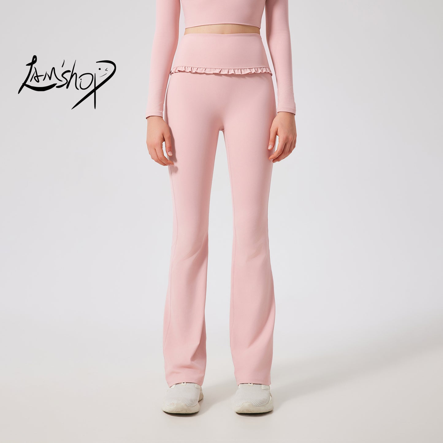 Lamshop ruffle edge slightly pulled yoga pants women's high waist and thin sports flared pants slim and breathable casual fitness trousers