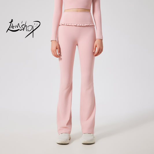 Lamshop ruffle edge slightly pulled yoga pants women's high waist and thin sports flared pants slim and breathable casual fitness trousers