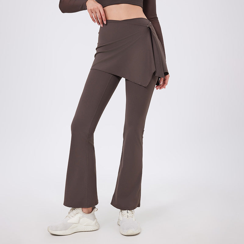 Lamshop two-piece set, high waist, pleated hips, nude yoga pants, fart curtains, running pants, breathable fitness flared pants