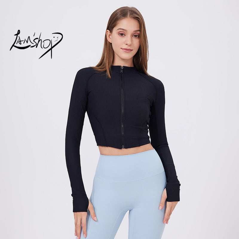 Lamshop Stand Collar Yoga Clothes Women's Zipper Slim Fit Sports Jacket High Elastic Outdoor Nude Feel Long Sleeve Running Fitness Clothes Top