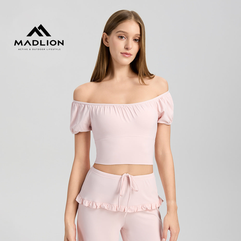 Mad lion bud sleeve off-shoulder yoga top with built-in bra - short sleeve, quick-dry activewear for running and fitness
