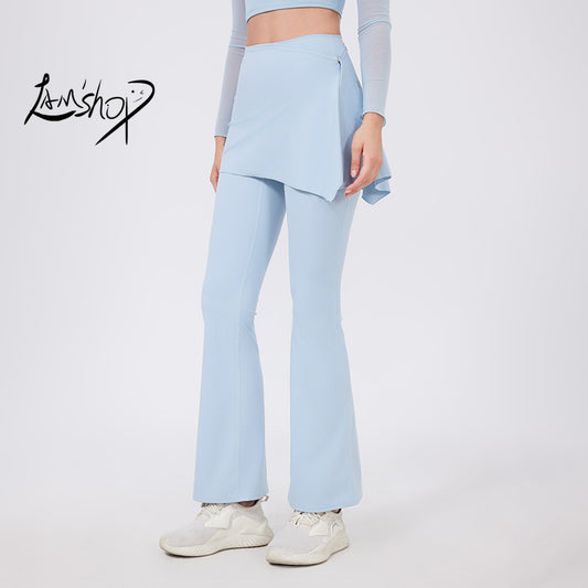 Lamshop two-piece set, high waist, pleated hips, nude yoga pants, fart curtains, running pants, breathable fitness flared pants