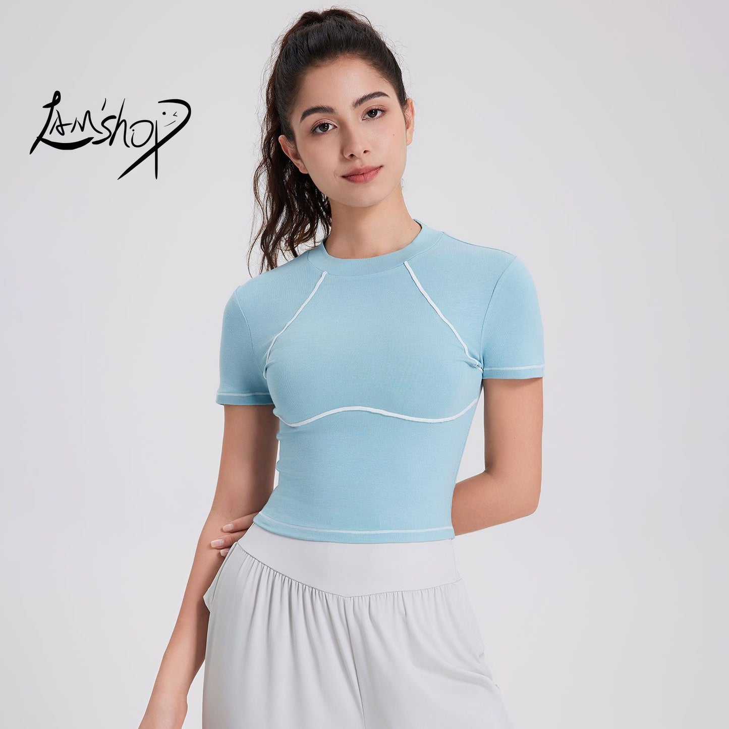 Lamshop Summer New Breathable Quick-Drying Exercise Top Women's Short-Sleeved T-shirt Running Training Clothes Internet Celebrity Cool Feeling Fitness Yoga Wear