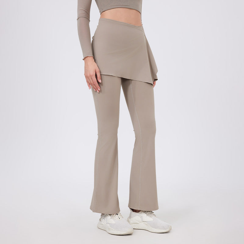 Lamshop two-piece set, high waist, pleated hips, nude yoga pants, fart curtains, running pants, breathable fitness flared pants