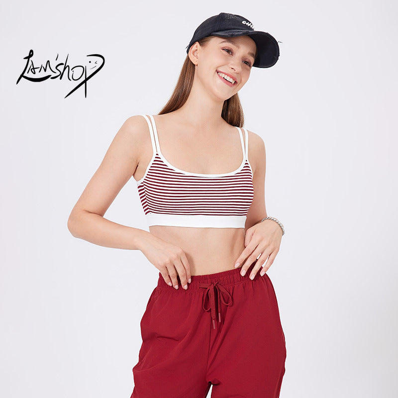 Lamshop Ribbed Yoga Vest Women's Shoulder Straps Sports Underwear Fixed Cup Striped Inner Small Suspender Beauty Back Fitness Bra