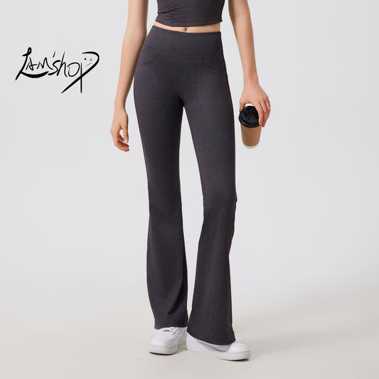 Lamshop nude quick-drying yoga flared pants women's high-waisted hip-lifting and thin sports pants fitness casual wide-leg pants