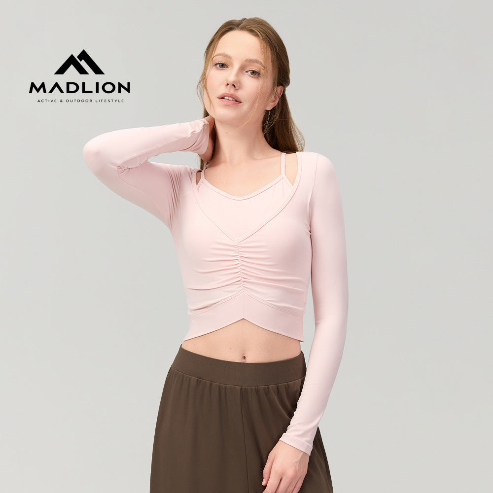 Mad lion lightweight soft waffle knit two-piece look yoga top with built-in bra - long sleeve, quick-dry running & workout activewear