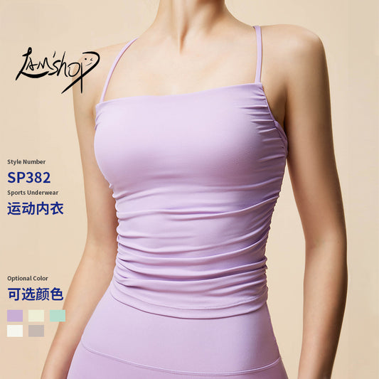 Lamshop New Cross Spaghetti Straps Sports Yoga Vest Fixed Cup Slimming Small Waist Bra Fitness Running Underwear for Women