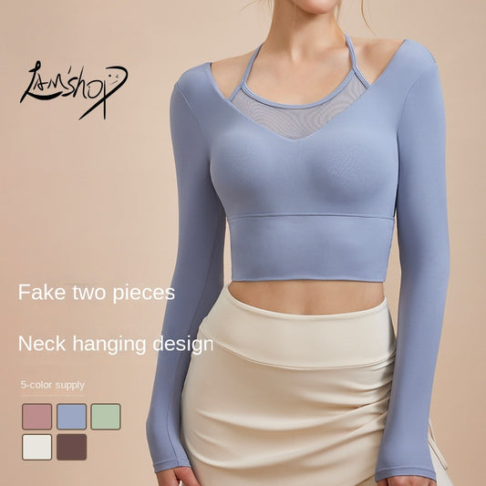 Lamshop Winter New Sexy Fake Two-Piece Yoga Clothes Long-Sleeved T-shirt Skinny Slimming Outdoor Sports Running Fitness Top