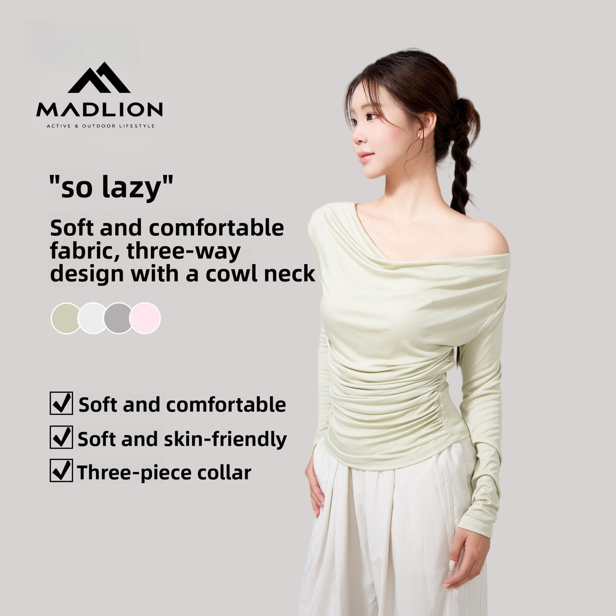 Fall and winterslimming look swing collar blouse side waist shirring korean style yoga clothes long sleeves sloping shoulders gentle yoga tops for women