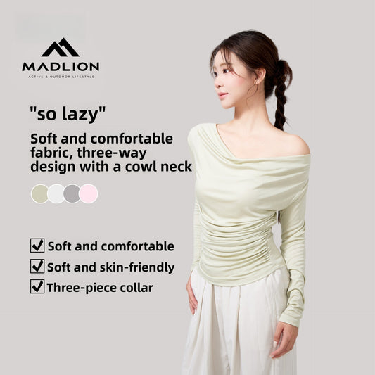 Fall and winterslimming look swing collar blouse side waist shirring korean style yoga clothes long sleeves sloping shoulders gentle yoga tops for women
