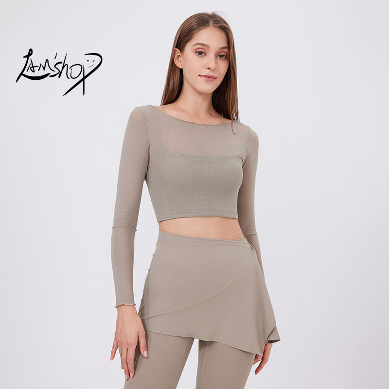 Lamshop fake two-piece mesh sports T-shirt women's long sleeves, chest pad, yoga clothes, navel top, quick-drying and thin gym clothes