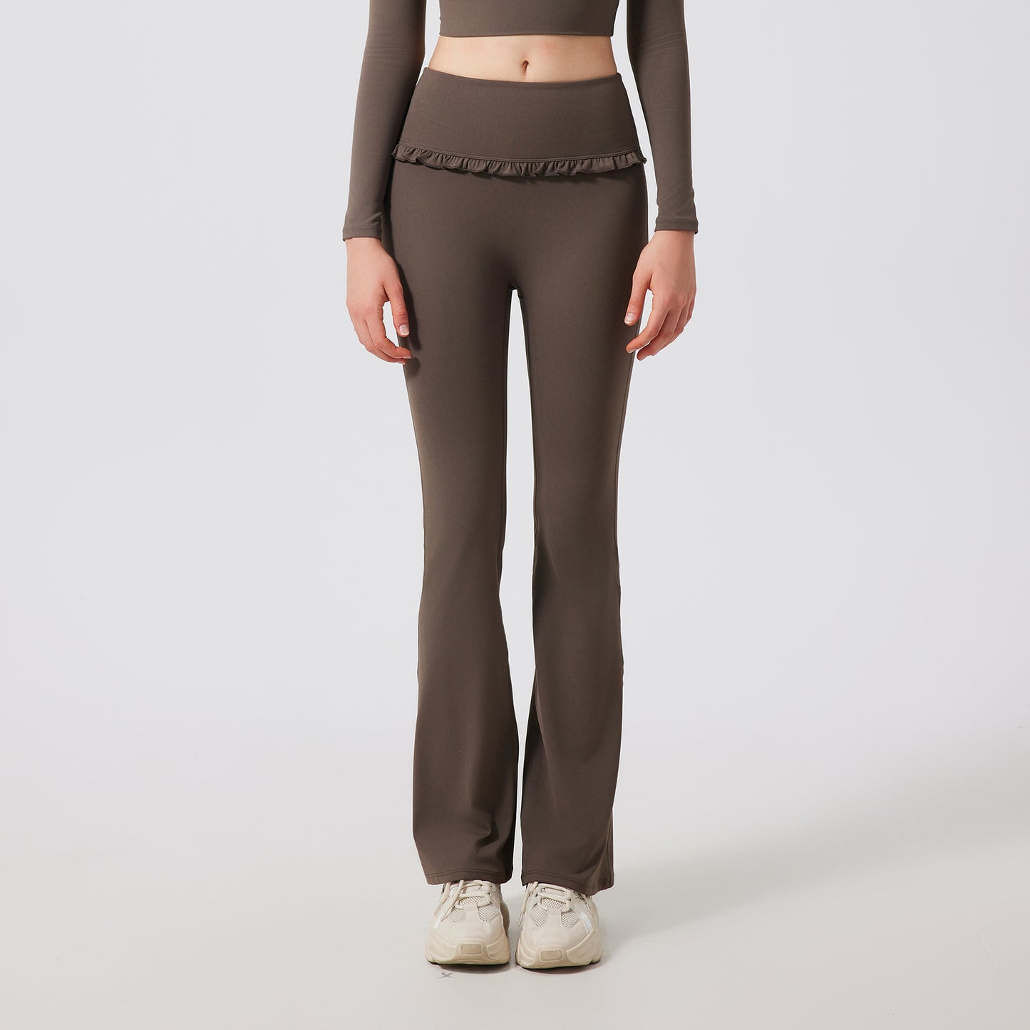 Lamshop ruffle edge slightly pulled yoga pants women's high waist and thin sports flared pants slim and breathable casual fitness trousers