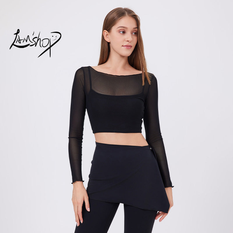 Lamshop fake two-piece mesh sports T-shirt women's long sleeves, chest pad, yoga clothes, navel top, quick-drying and thin gym clothes