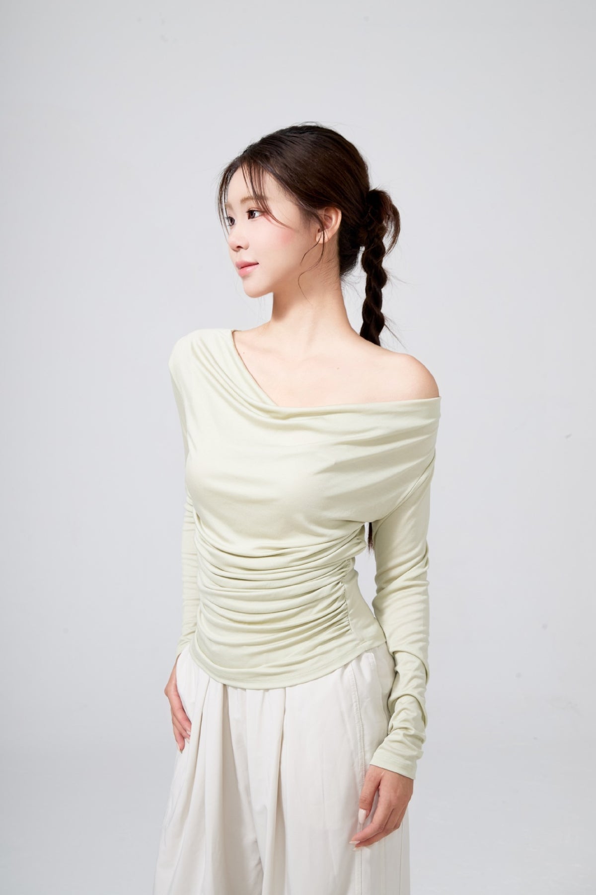 Fall and winterslimming look swing collar blouse side waist shirring korean style yoga clothes long sleeves sloping shoulders gentle yoga tops for women