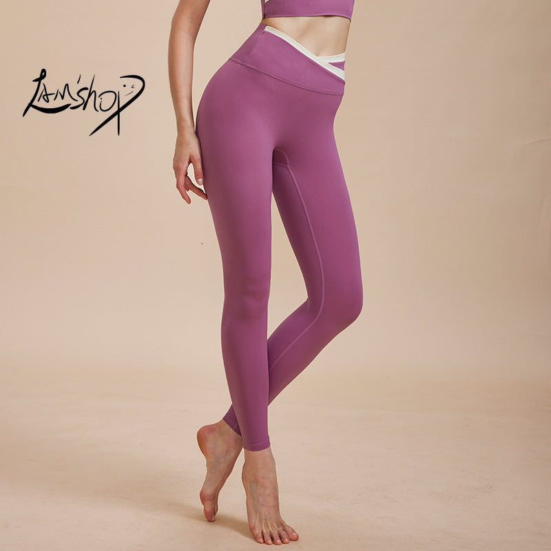 Lamshop High Waist Hip Lift Yoga Pants Peach Hip Fitness Pants Women's Contrast Color Tight Stretch Quick-Drying Hip-Lifting Sports Pants New