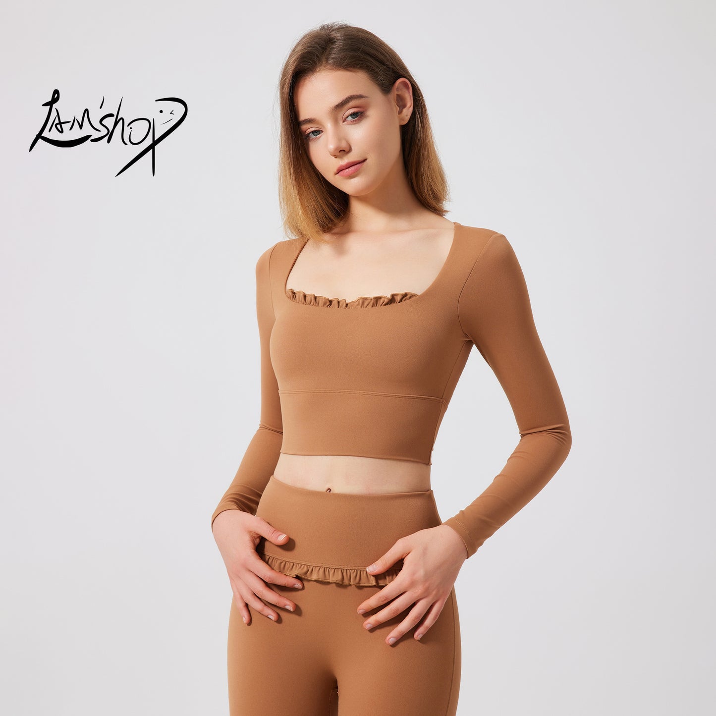 Lamshop autumn and winter nude lace yoga clothes long sleeves semi-fixed cup running slim sports bra breathable gym clothes top