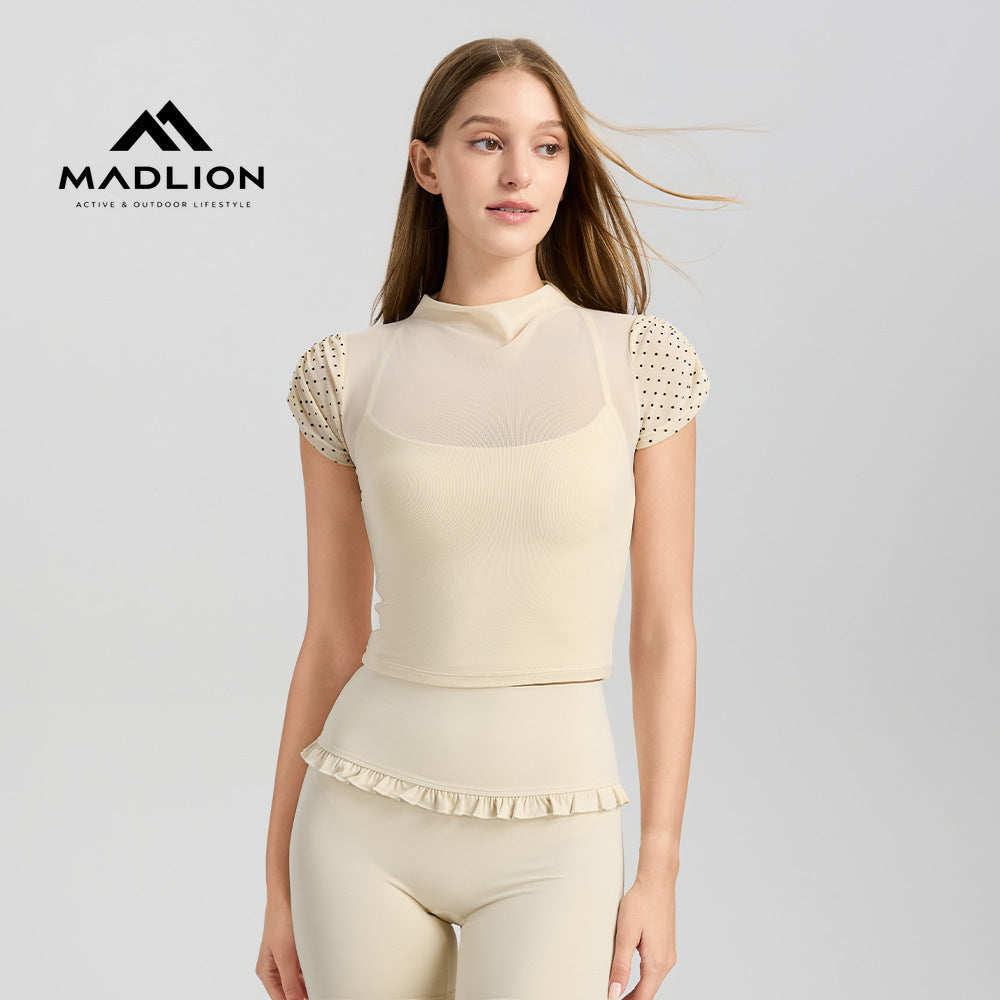 Mad lion new mesh yoga top with built-in bra - short sleeve, quick-dry, sports bra, all-in-one cup, fitness top