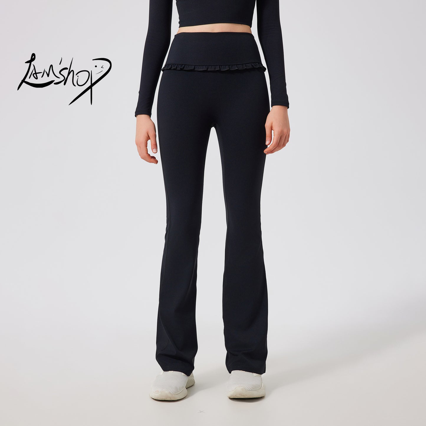 Lamshop ruffle edge slightly pulled yoga pants women's high waist and thin sports flared pants slim and breathable casual fitness trousers