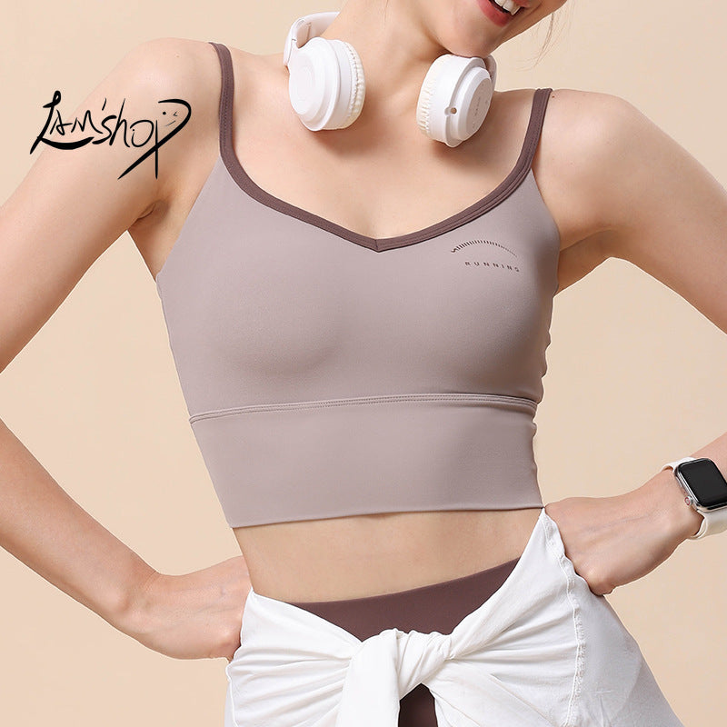 Lamshop New V-neck American Retro Sports Bra Sports Fitness Accessory Breast Push up Bra Fixed Cup Belly Contracting Yoga Bra