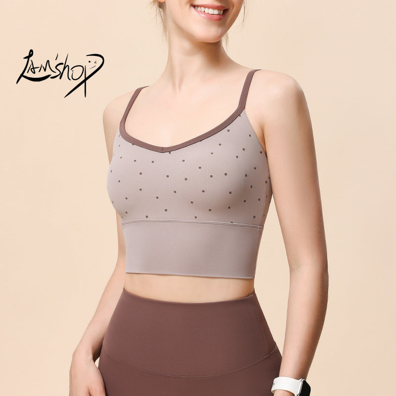 Lamshop New Polka Dot Sports Bra Moisture Wicking Breast Holding Sports Bra Simple Spaghetti Strap Belly Contracting Yoga Jacket