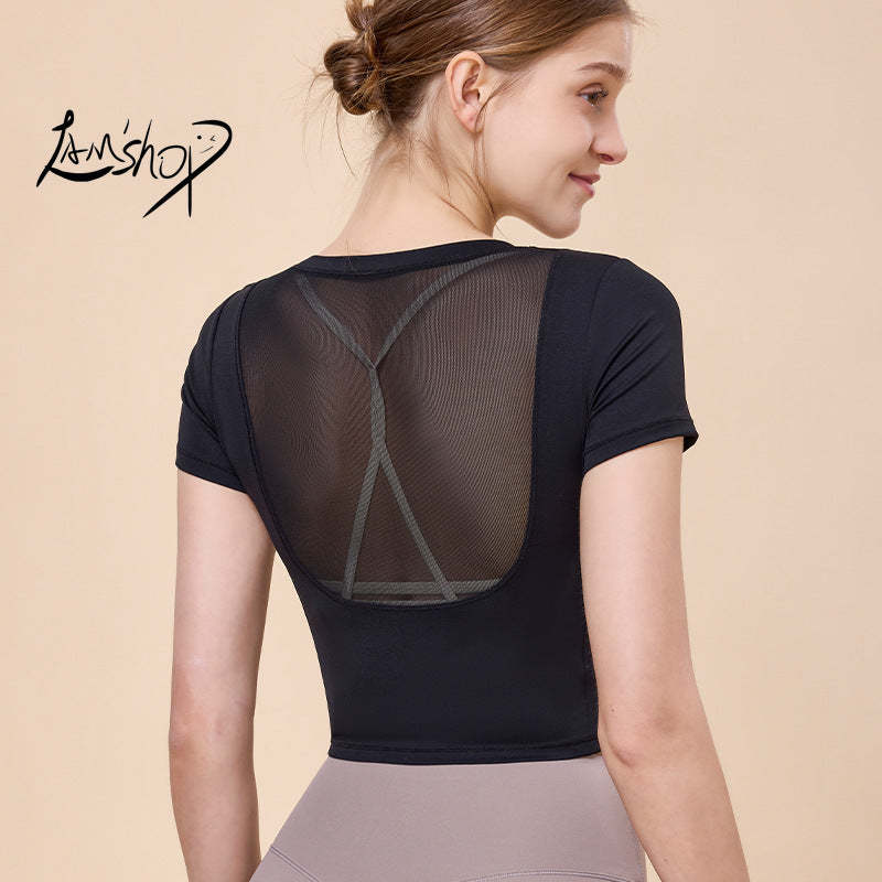 Lamshop Summer Back Shaping U-Shaped Mesh Sports Short Sleeve Women's Pleated Meat Hiding Yoga T-shirt Running Sports Tight Top Women