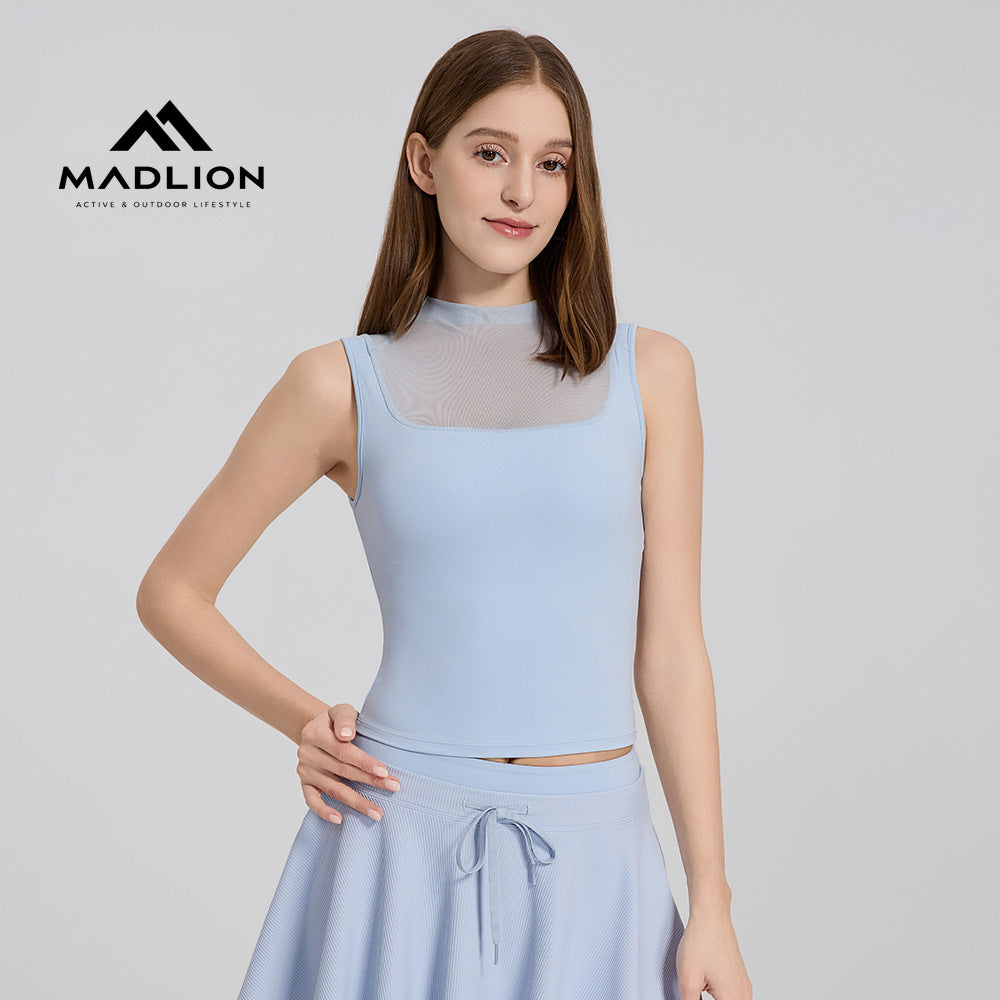 Mad lion high-neck breathable mesh yoga top with built-in bra - quick-dry running sports bra - all-in-one cup fitness top