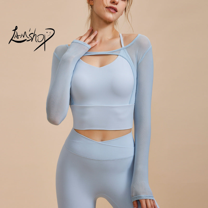 Lamshop New Sexy Fake Two-Piece Mesh Yoga Clothes Long Sleeve Tight Breathable Sports Running Workout Quick-Drying Top T-shirt