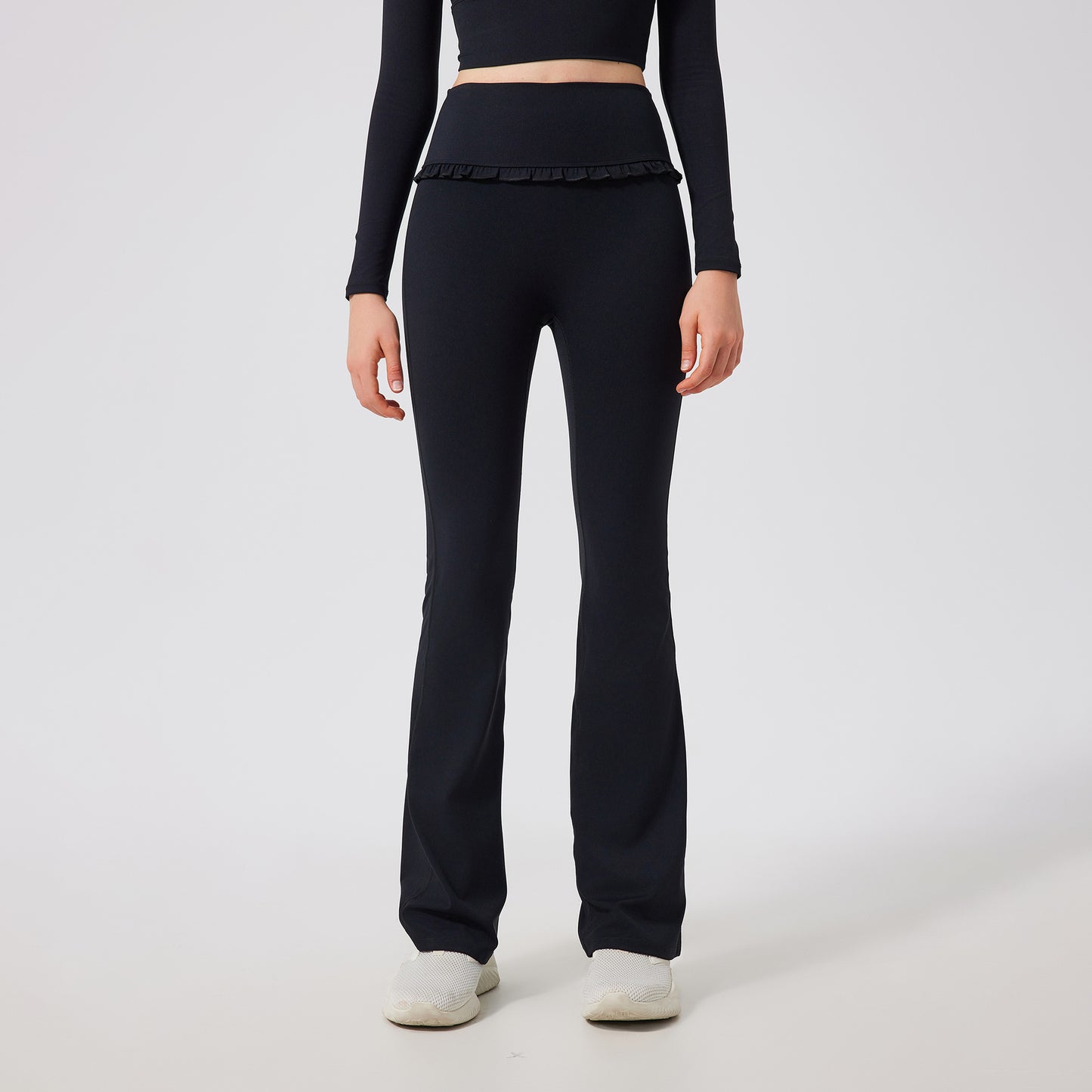 Lamshop ruffle edge slightly pulled yoga pants women's high waist and thin sports flared pants slim and breathable casual fitness trousers