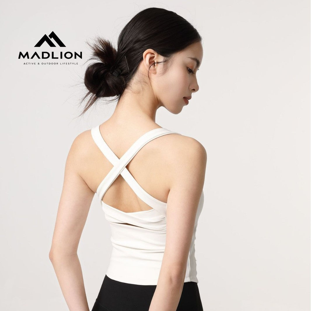 Mad lion cinched waist backless yoga top - women's slimming pilates & workout top with side waist ruching