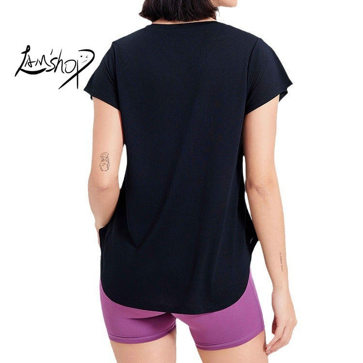 Lamshop Amoi Running Quick Drying Clothes Women's Breathable Slimming Mid-Length Sports Short-Sleeved T-shirt Casual Yoga Top Workout Clothes