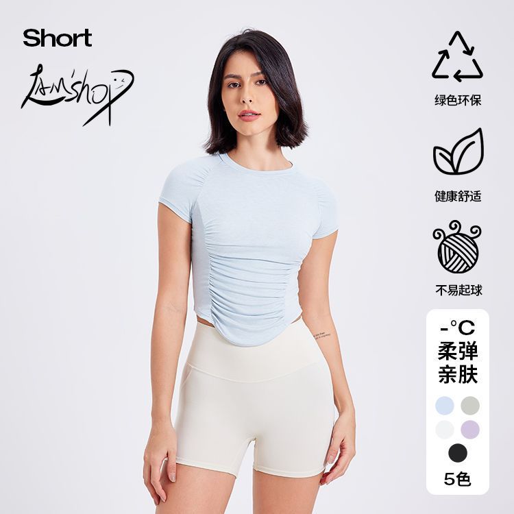 Lamshop Breathable Quick-Drying Exercise Top Women's Pleated Short-Sleeved T-shirt Running Training Clothes Slimming Cool Fitness Clothes Yoga Clothes