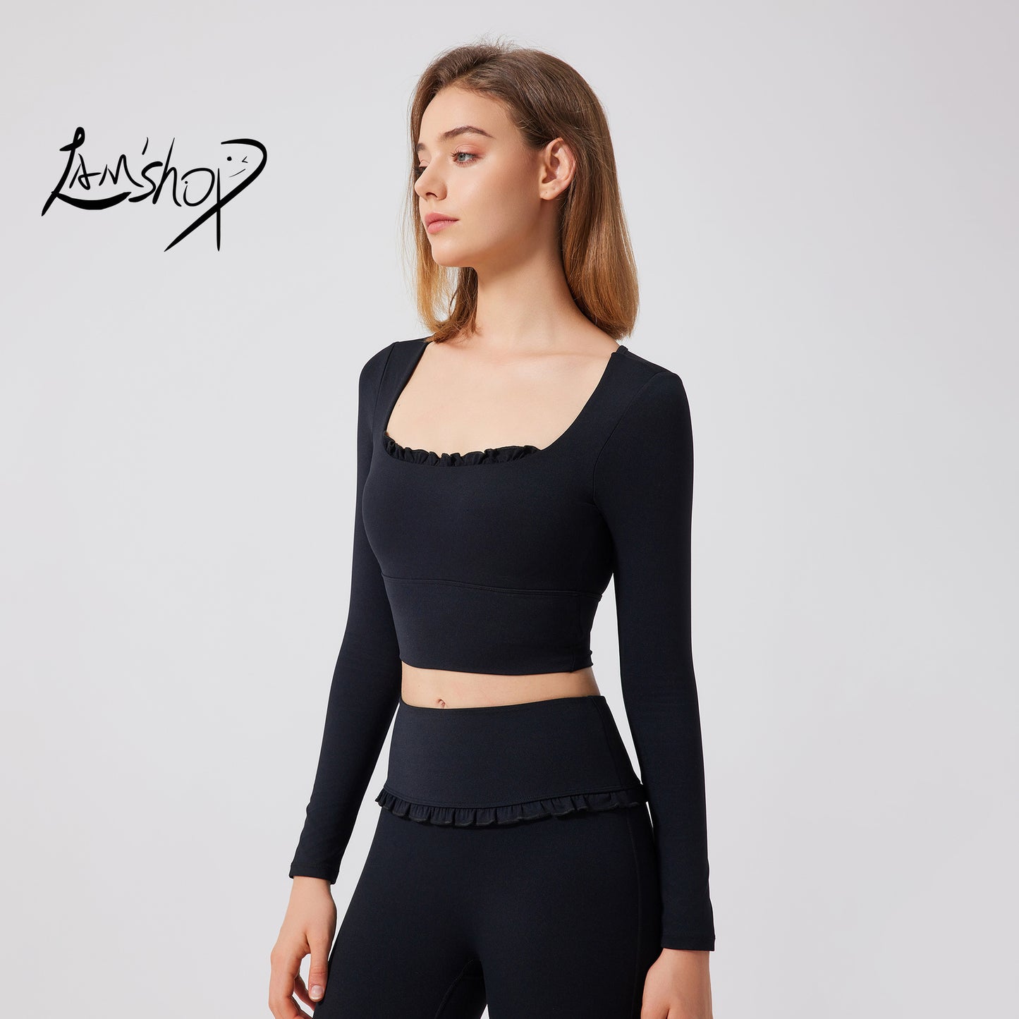 Lamshop autumn and winter nude lace yoga clothes long sleeves semi-fixed cup running slim sports bra breathable gym clothes top