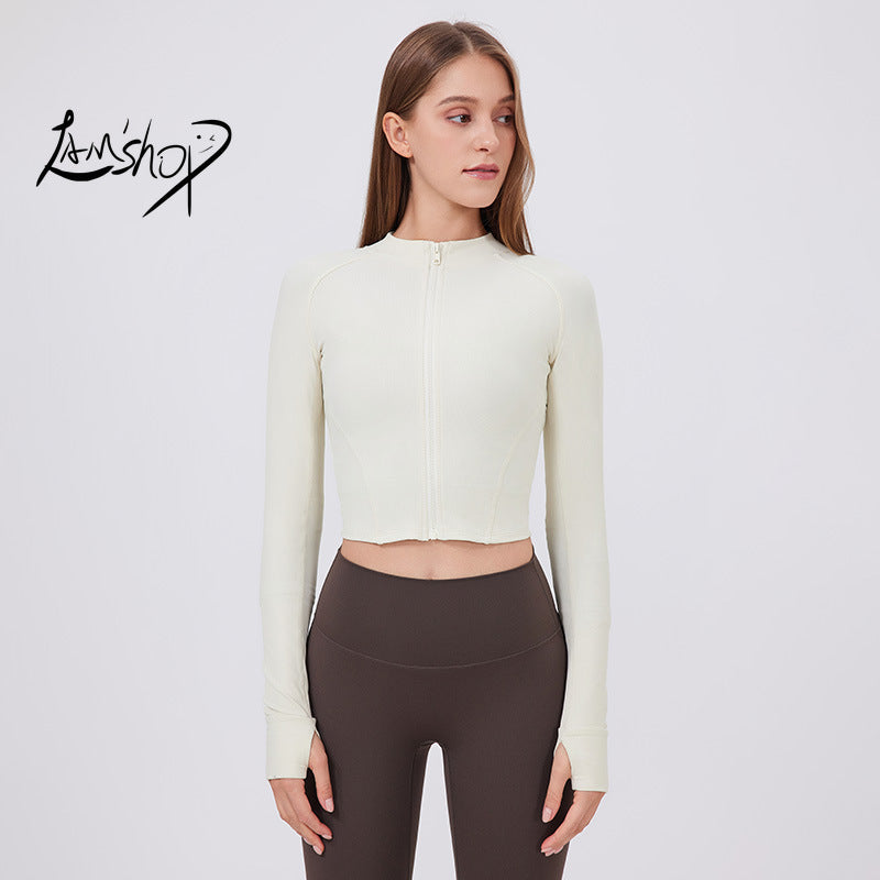 Lamshop Stand Collar Yoga Clothes Women's Zipper Slim Fit Sports Jacket High Elastic Outdoor Nude Feel Long Sleeve Running Fitness Clothes Top