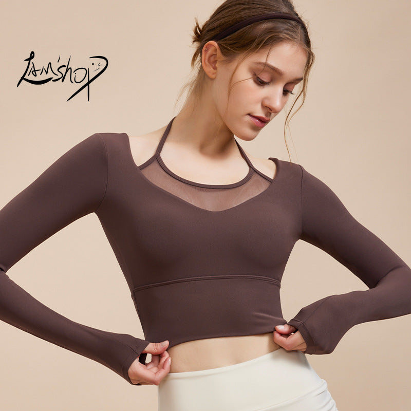 Lamshop Winter New Sexy Fake Two-Piece Yoga Clothes Long-Sleeved T-shirt Skinny Slimming Outdoor Sports Running Fitness Top