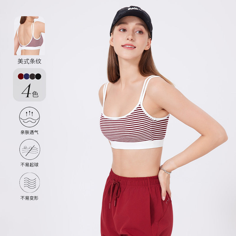 Lamshop Ribbed Yoga Vest Women's Shoulder Straps Sports Underwear Fixed Cup Striped Inner Small Suspender Beauty Back Fitness Bra