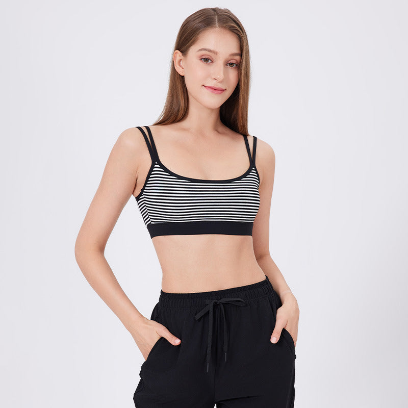 Lamshop Ribbed Yoga Vest Women's Shoulder Straps Sports Underwear Fixed Cup Striped Inner Small Suspender Beauty Back Fitness Bra