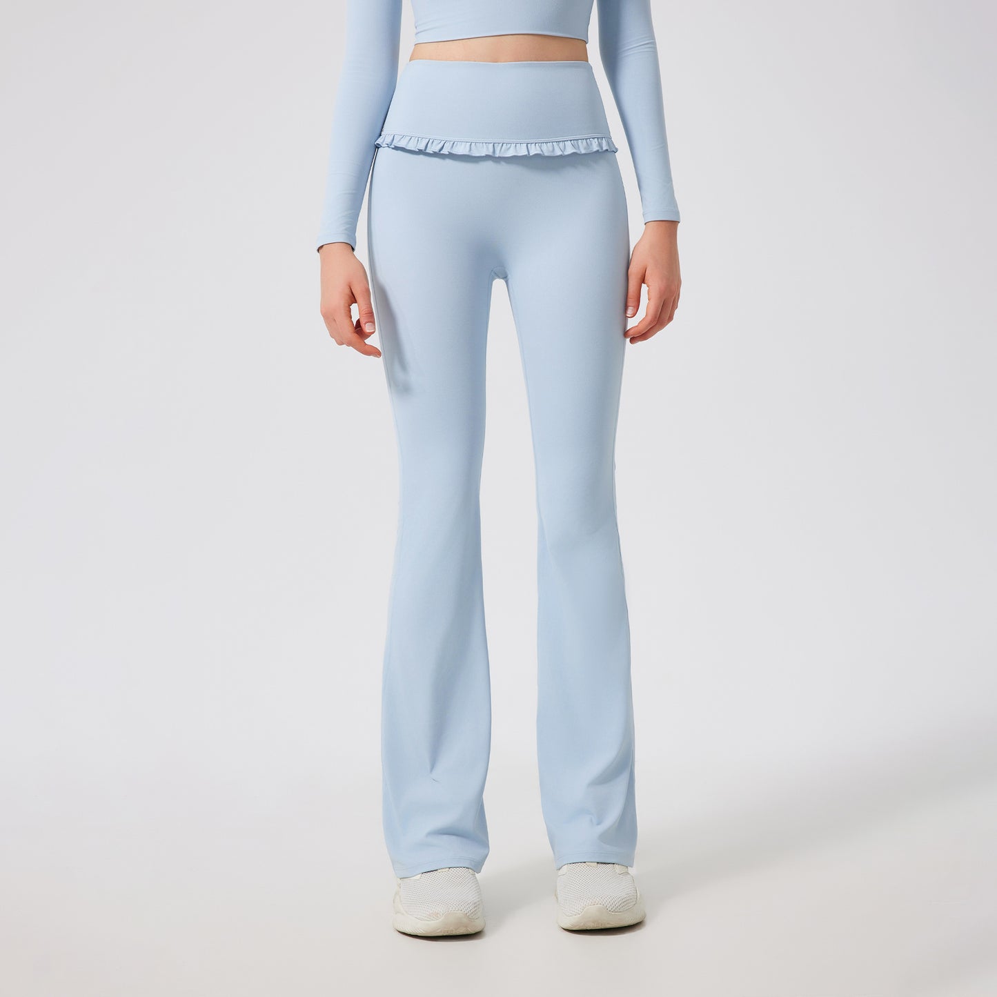 Lamshop ruffle edge slightly pulled yoga pants women's high waist and thin sports flared pants slim and breathable casual fitness trousers