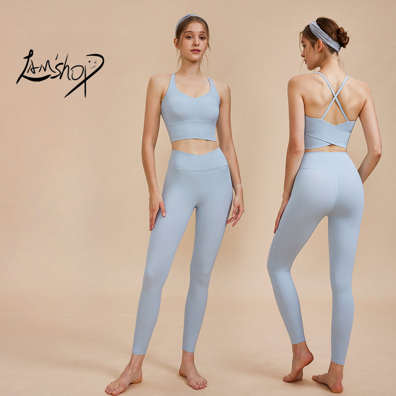 Lamshop New Cross Beauty Back Breathable Sports Bra High Waist Tight Hip Raise Yoga Pants Wear-Free Underwear Yoga Clothes Suit